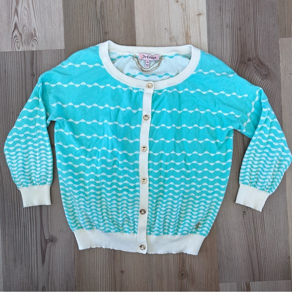 Juicy Couture Aqua & White Wave-Pattern Button Cardigan